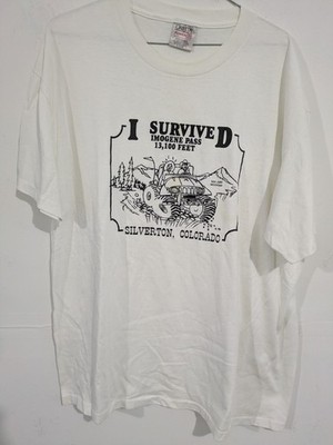 3276 ONEITA Power/50 Plus Men s XL White  I Survived Imogene Pass  Graphic Tee