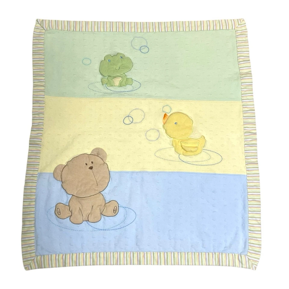 Vintage Carters Bear Duck Frog Bubbles Baby Blanket Yellow Blue Green Reversible - Image 2 of 4