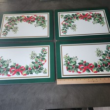 Vintage Holly Berry Ribbon Cork Back Placemats Set Of 4 Christmas 18x12