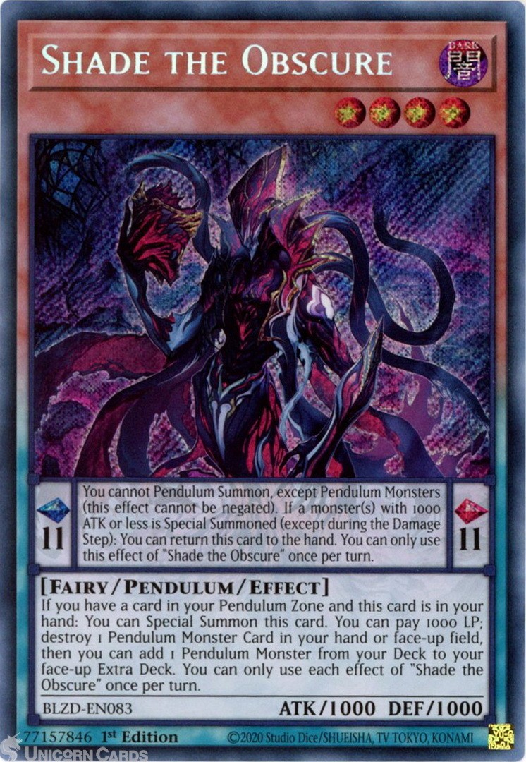 BLZD-EN083 Shade the Obscure : Secret Rare 1st Edition Mint YuGiOh Card