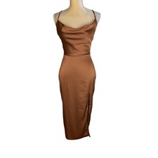 Fashion Nova Satin Cowl Neck Midi Slip Dress Side Slit Brown Y2K Womens Size S