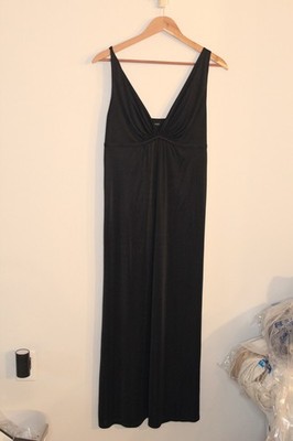 NATORI $150 Black Satin Night Dress Gown Deep-V Goddess Maxi Empire Waist Sz S