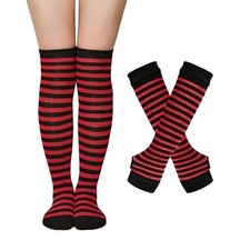Halloween Striped Women Thigh High Socks Knitted One Size Black Red Stripes