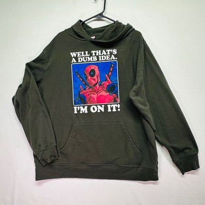 Marvel Deadpool Graphic Hoodie Mens Charcoal Gray Pocket Dumb Idea Pullover XL