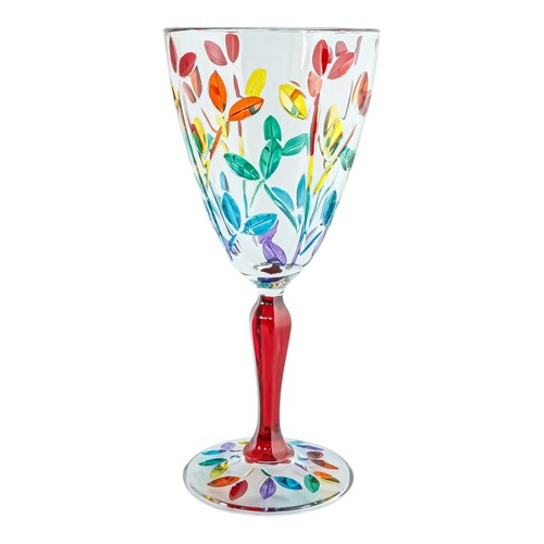 Murano Glass Wine Multi Rainbow Red Stem Hand Painted Venice Italy - Picture 2 of 6