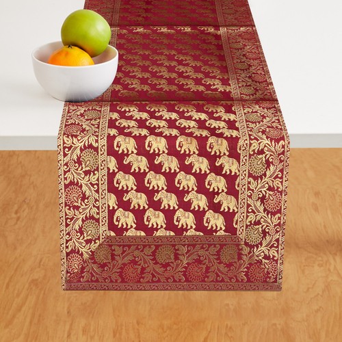 Maroon & Gold Elephant Table Runner Silk Runner For Dining Table Decor 16x60 in - Picture 3 of 5