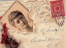 1889 James Pyle's Pearline Washing Powder Lovely Girl Letter Red Stamp Hair NY