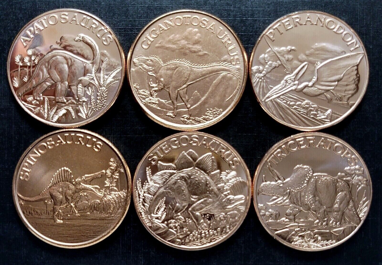 Dinosaurs -  6 Coin Set - 6 x 1oz. Pure Copper Bullion Rounds - 6 Ounces!!