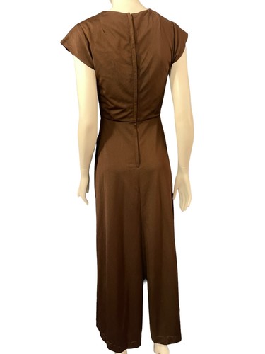 1970's Dress Maxi Brown Jersey Vintage Gold Embroidered Fish Evening Gown Sz Sm - Picture 5 of 8