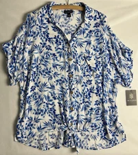 I.N. Studio Women's Top Plus Size 2X Tunic 3486U50 Button Front Floral Blue A40