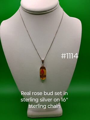 Vintage Real Rose In Resin Set In Sterling Silver On 16'' Sterling Chain