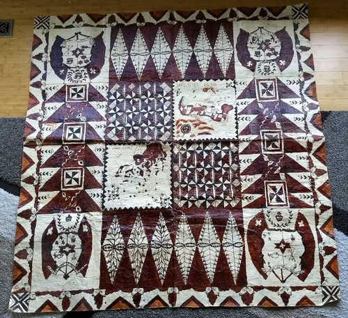 71" x 73" Vintage Polynesian Tapa BOTH FRONT & BACK Tonga Tongatapi Island Map