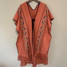 Vintage Coral/Brown Bird Shawl/Poncho Sweater 70's Boho One Size