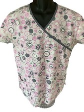 Samantha Mara Scrub Top Women's Large Pink Gray White Hearts Ribbons Peace