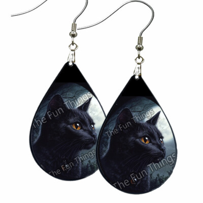 Full Moon Black Cat Earrings Teardrop NO TARNISHING Wood Watercolor Artwork