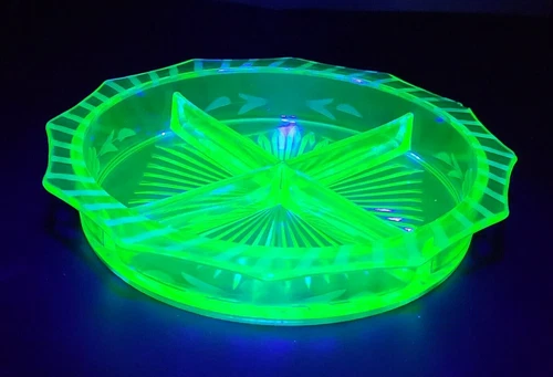 Vintage Uranium Green Depression Glass Divided Relish Serving Plate 4 Sections