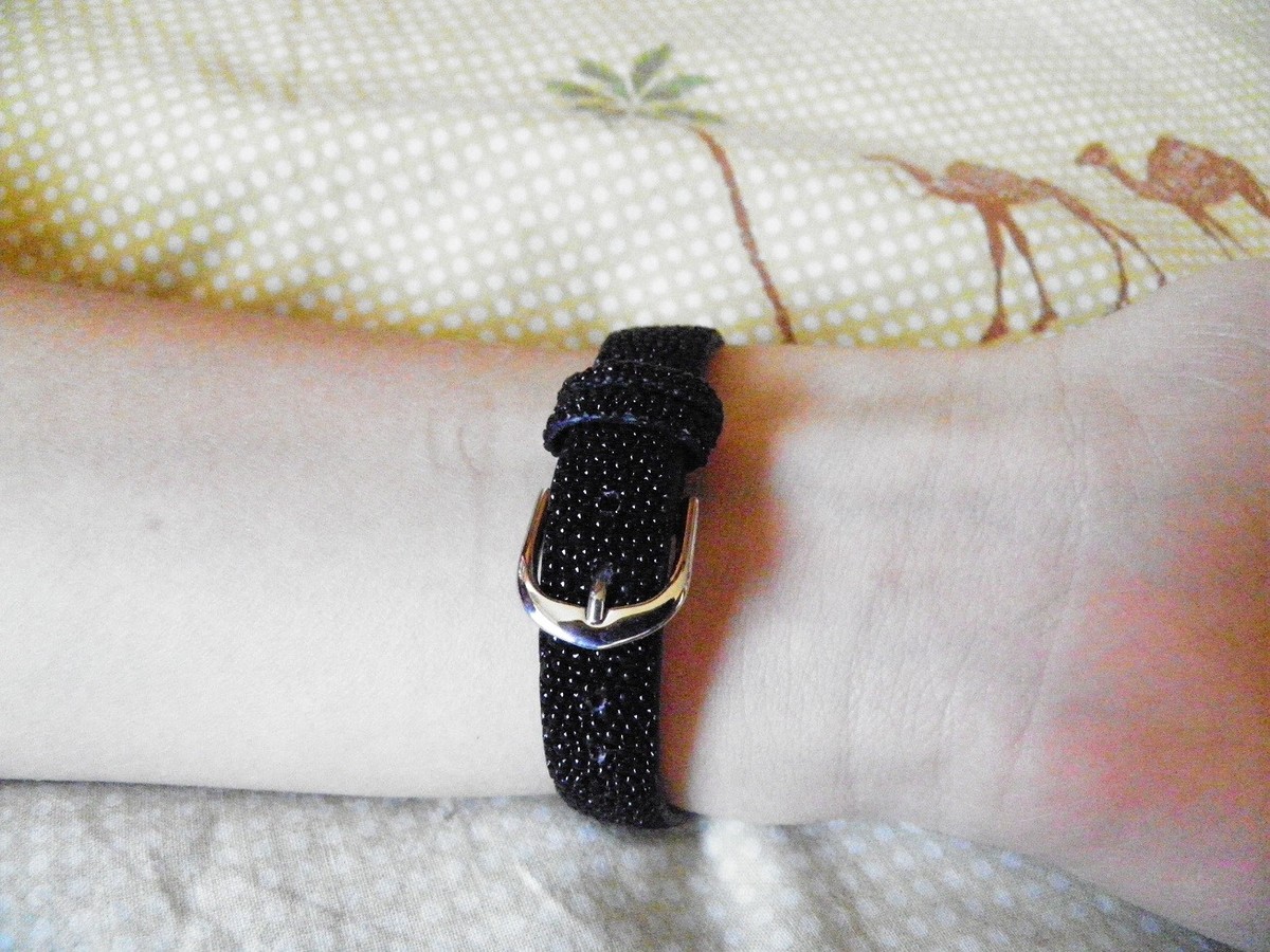 Bracelet En Galuchat Véritable Noir 14 Mm - Fermoir Boucle Ardillon - Pièce Unique Et Luxueuse Pour Femme
