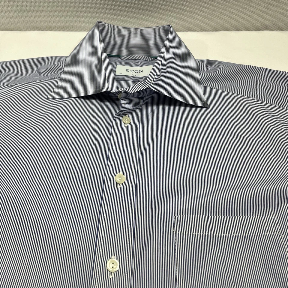 Camisa de Vestir Eton Ajustada Grande Para Hombre 42 Azul Blanco Rayas Vestido Trabajo Formal - Leer Foto 2 de 4