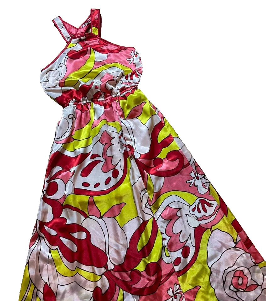 Maxi Vestido Formal Vintage Y2K 2000s XOXO Satinado Caleidoscopio Mod Halter Baile de graduación XS Foto 3 de 4