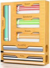 Bamboo Ziplock Bag Storage Organizer Set, 6 in 1 Wrap Dispenser with Cutter NEW