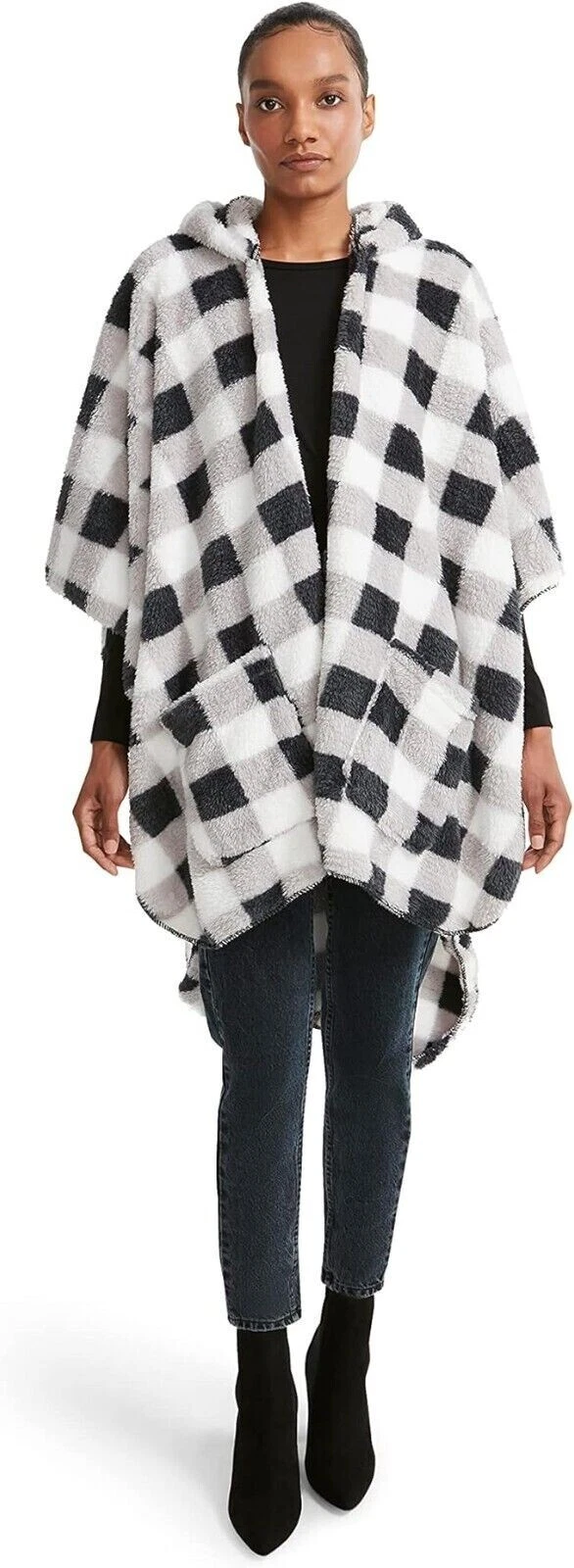 STEVE MADDEN Womens Poncho Sherpa Hooded Open Front Black White Buffalo $98 -NWT