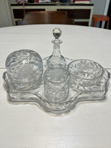 Vintage 5 Piece Cut Crystal Etch Flower Dresser/ Vanity Set With Tray