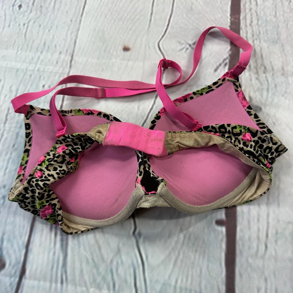 PINK Victoria's Secret Bra Womens 34B Leopard Pink Rose Floral Push Up - Image 4 of 4