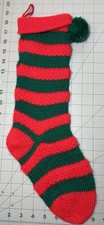 Knit Green and Red Striped Christmas Stocking with Pom Pom 18 Inch