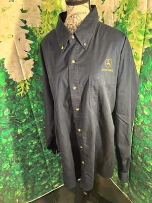 #ad John Deer Navy Blue Long Sleeve Button Up Work Shirt 2XL Logo Pocket $22.74
