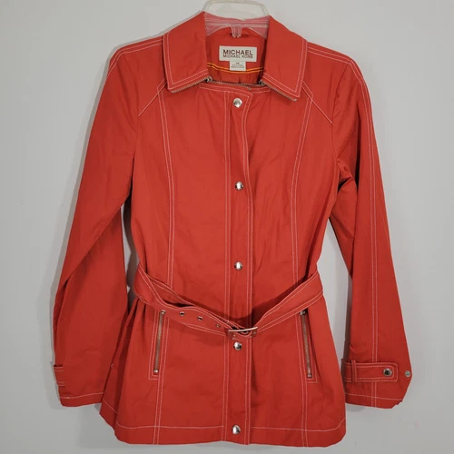 Michael Kors Giacca Donna Cintura Arancione Trench Tasche Zip Bottone Snap SM