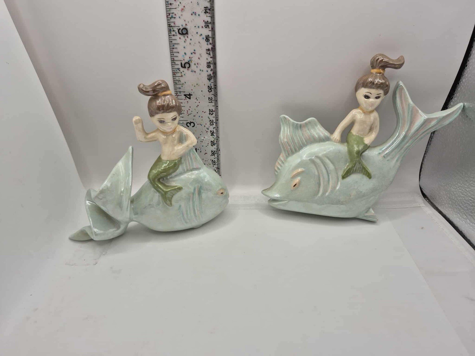 Vintage RARE Mermaid Riding Fish Wall Plaque Set -Retro Arnels Chalkware