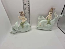Vintage RARE Mermaid Riding Fish Wall Plaque Set -Retro Arnels Chalkware