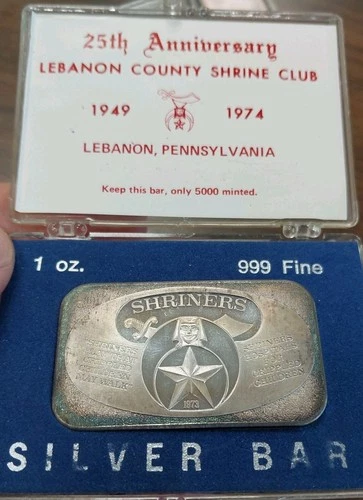 scarce/toned 1oz silver bar Shriners Hospital For Crippled Children by U.S.S.C