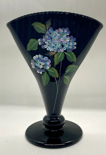 Fenton Art Glass Hand Painted Blue Hydrangeas Black Glass Fan Vase 8.5” Signed
