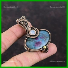 Copper Ruby In Blue Kyanite Stone Rainbow Moonstone Wire Wrapped Ethnic Pendant