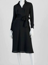 Tahari ASL Women's Black Collared Satin Waist-Tie Stretch Midi Dress Size 16
