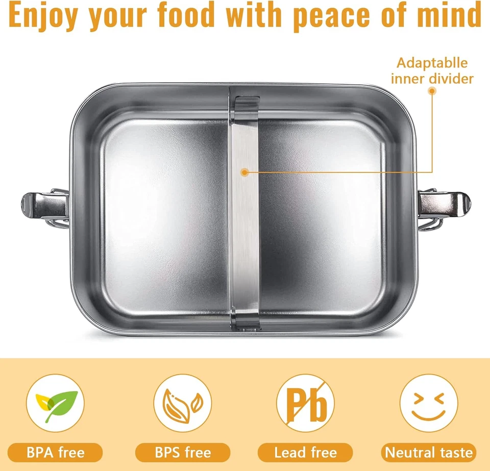Lunch Box in Acciaio Inossidabile Con 2 Scomparti, Divisorio Mobile a Tenuta Sta - Immagine 3 di 4
