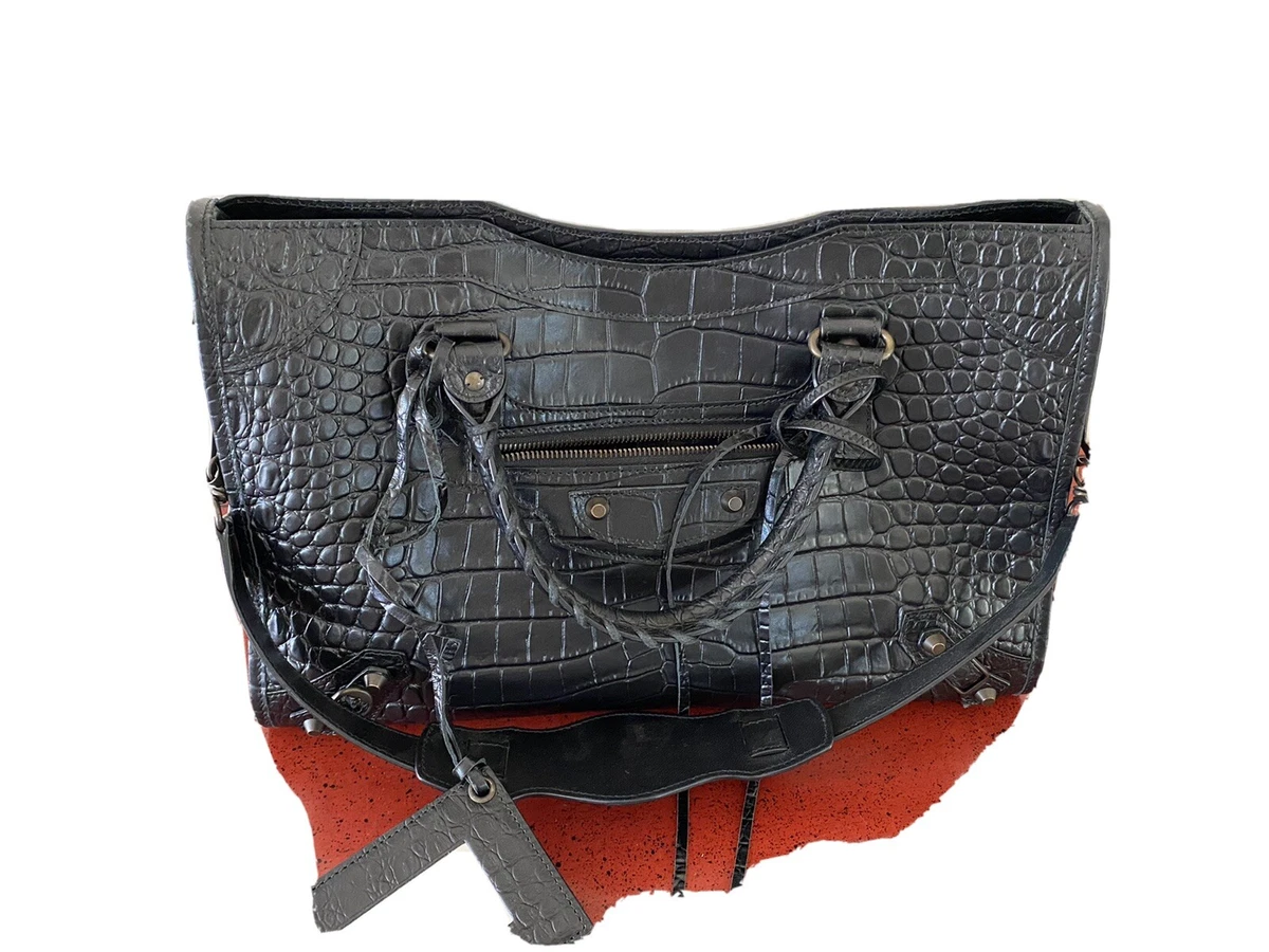 Balenciaga Croc Embossed Black City Bag