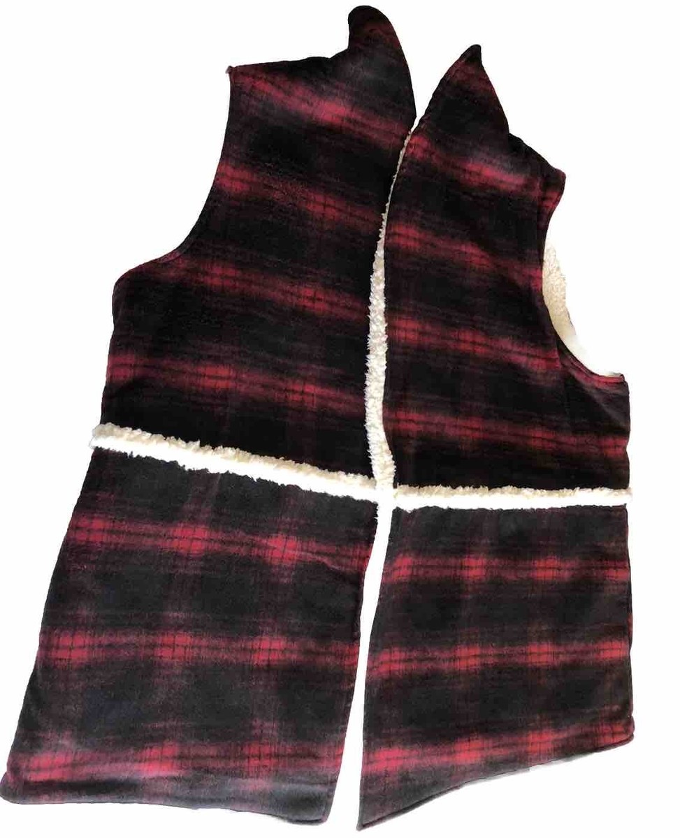 Buffalo Plaid Red Black White Sherpa Lined Open Vest Pockets Plus