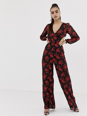 New With Tags MISSGUIDED Black Dark Floral Jumpsuit Size