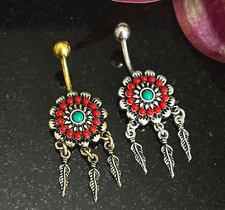 1pc Tribal Flower Belly Ring w/ Feather Dangle Navel Naval Piercing Body Jewelry