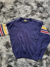 Sweater Emporium Acrylic Sweater - Navy Blue - Men’s Size L Surfer Style Stripes