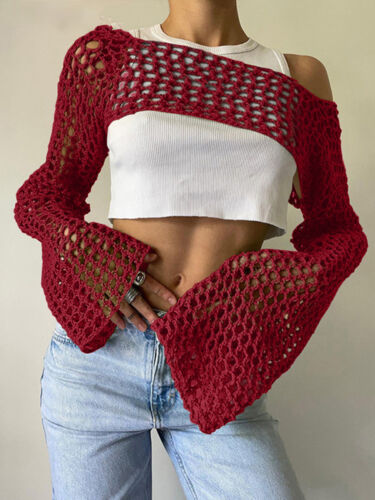 Sexy Damen Netz gehäkelt kurze Oberteile Achselzucke ausgehöhlt Strand Abdeckungen Strick T-Shirts - Bild 59 von 92
