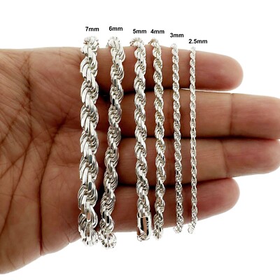 Real 925 SOLID Sterling Silver ROPE CHAIN Bracelet, Diamond Cut, ITALY  2MM-7MM