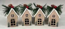 Holiday Time Wooded Mini Christmas House Ornaments Set of 4 New