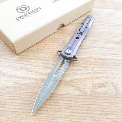 Defcon JK Stilleto Folding Knife 3.75'' Damascus Steel Blade Titanium Handle
