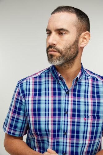 Camisa a cuadros Double Two Life Style de algodón puro para hombre manga corta (1040A) magenta - Imagen 4 de 7