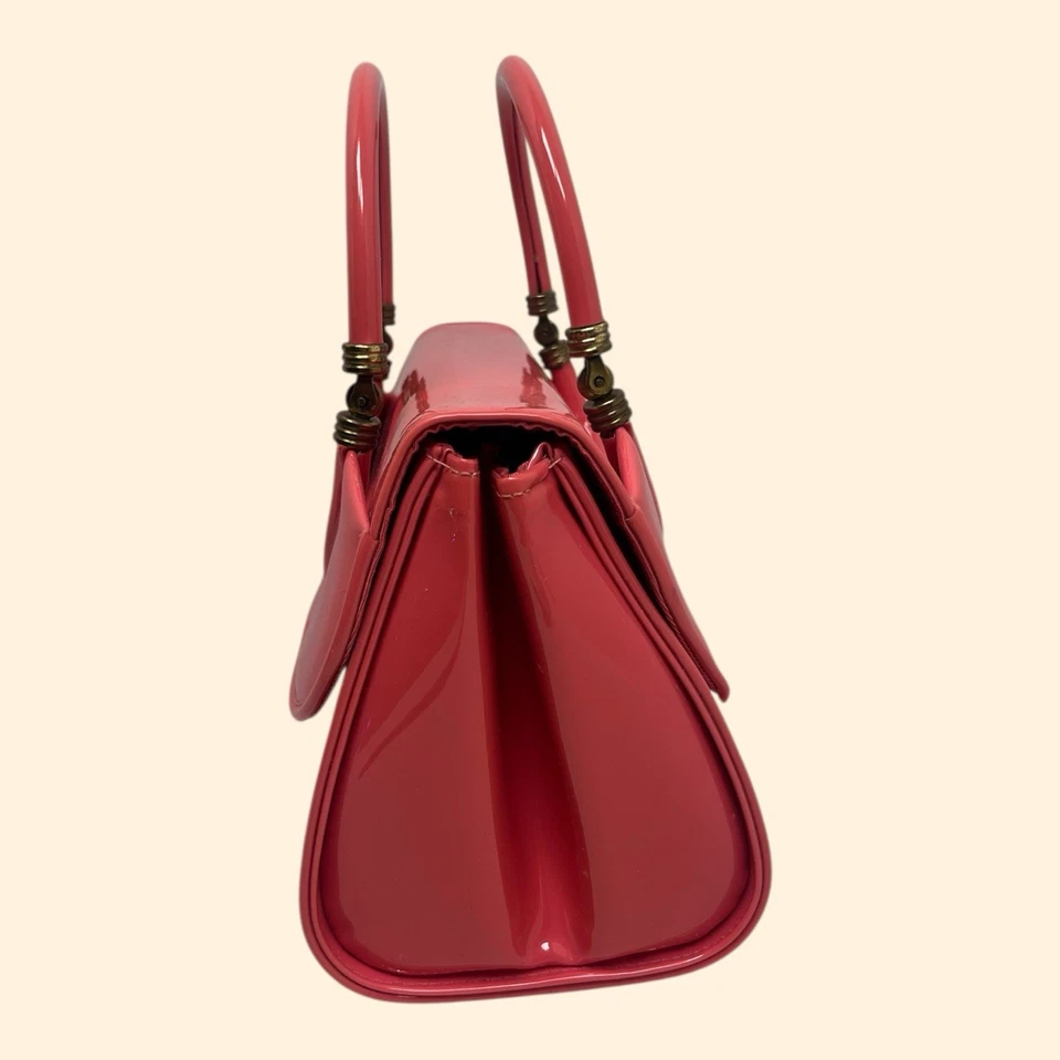 Bolso de mano vintage de charol coralino años 60 marco estructurado cartera de mediados de siglo Foto 4 de 4