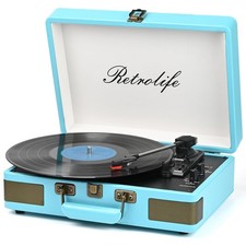 Retrolife R610 3 Speed Bluetooth Portable Suitcase Vinyl Record Player Blue