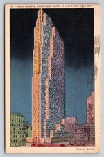 Vintage Linen Postcard RCA Building Rockefeller Center NYC Night 1938